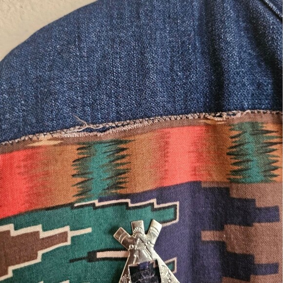 Vintage Red and Denim Western Tribal Beaded Concho Open Front Sweater Size L - Picture 7 of 9